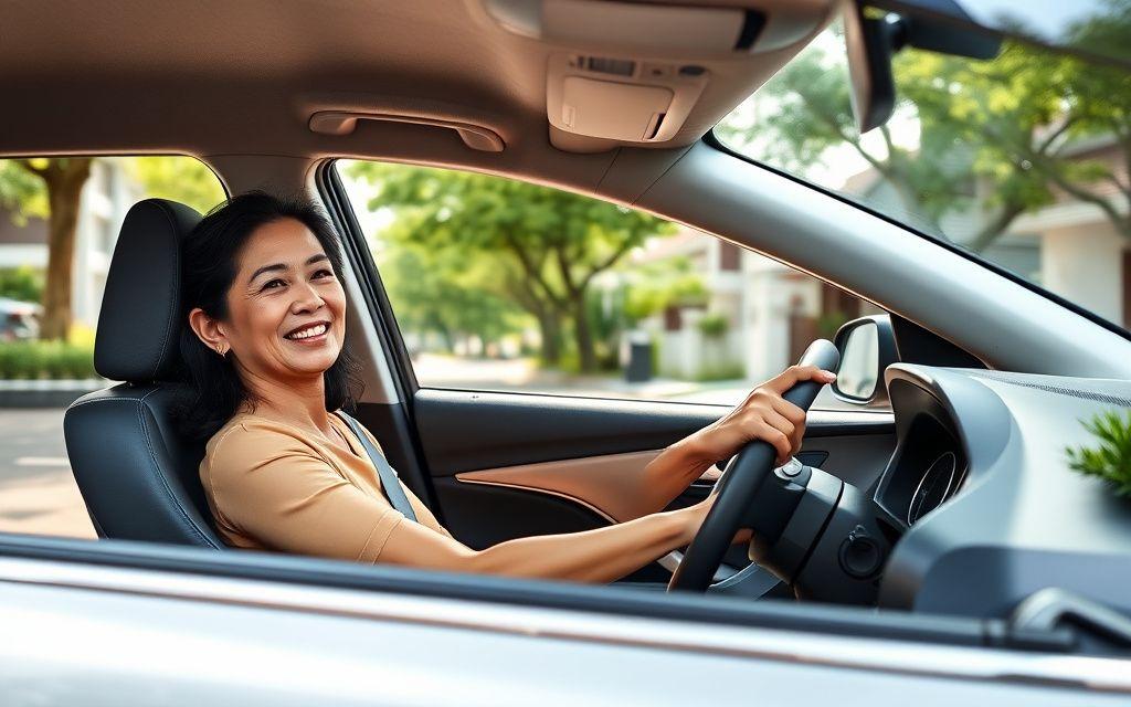 Confident driver on a quiet suburban Malaysian street