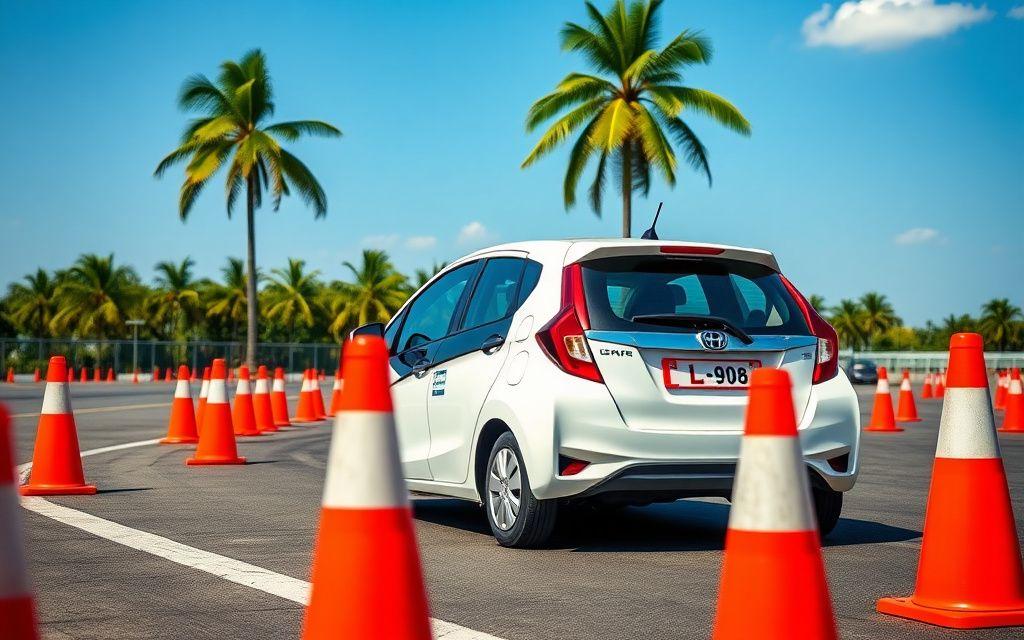 Learner car practicing between cones on a training circuit